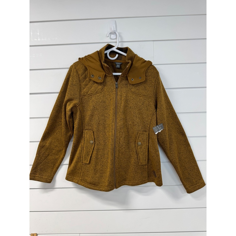 Eddie Bauer Womens Large Mustard Yellow Full Zip Fleece Hooded Jacket Quilted L